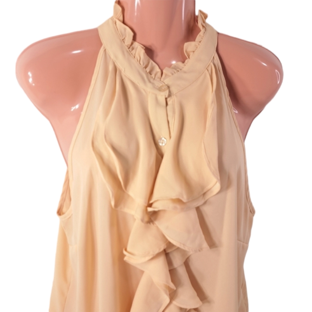 Charlotte Russe Women's Beige Sleeveless Ruffles Designs Button Blouse L - Picture 3 of 10